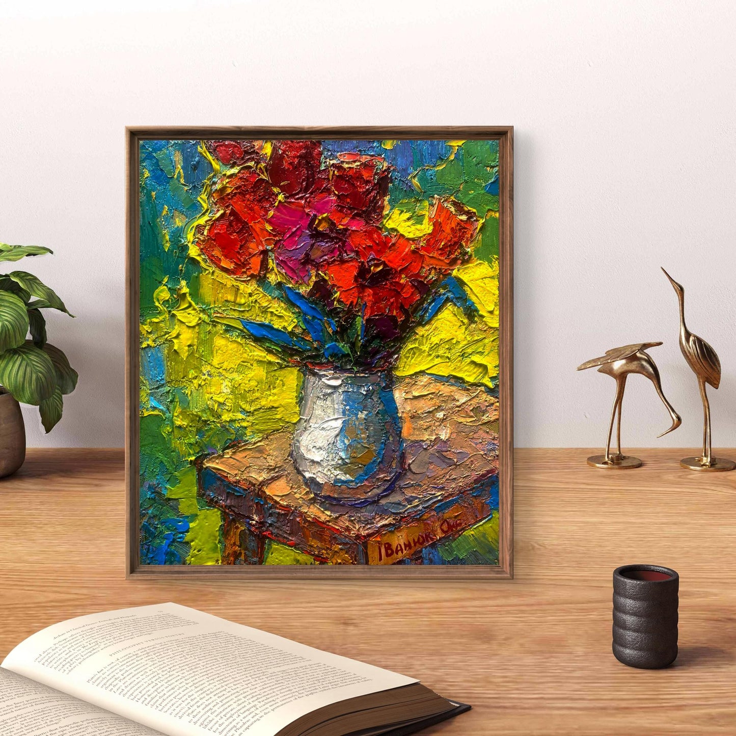 Vibrant impressionist oil painting of colorful red pink tulips in silver vase by Oksana Ivanyuk
