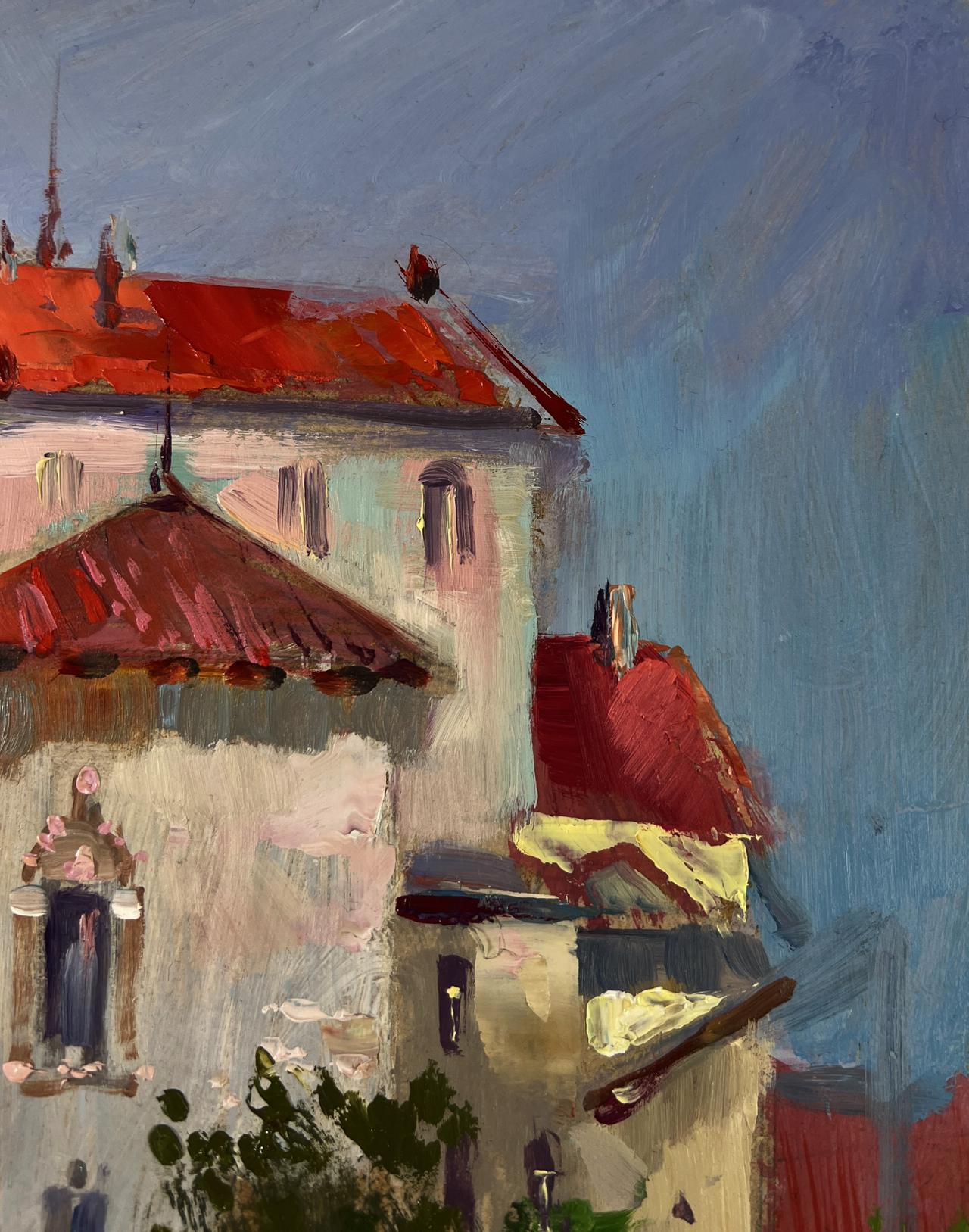 Oil painting of city reflection in water by Yuriy Suprunchuk, red-tiled roof