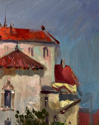 Oil painting of city reflection in water by Yuriy Suprunchuk, red-tiled roof