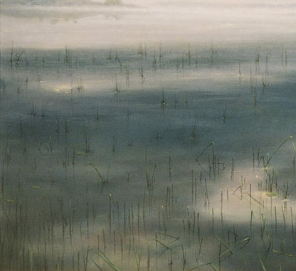 Misty watercolor reeds in foggy morning river pond by Vasily Korkishko