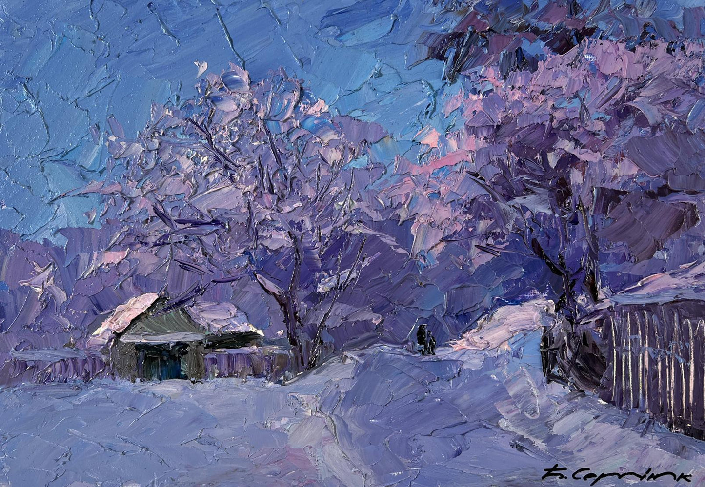 Oil painting Dear wintertime Boris Serdyuk snowy landscape in purple blue hues
