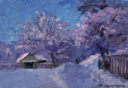 Oil painting Dear wintertime Boris Serdyuk snowy landscape in purple blue hues