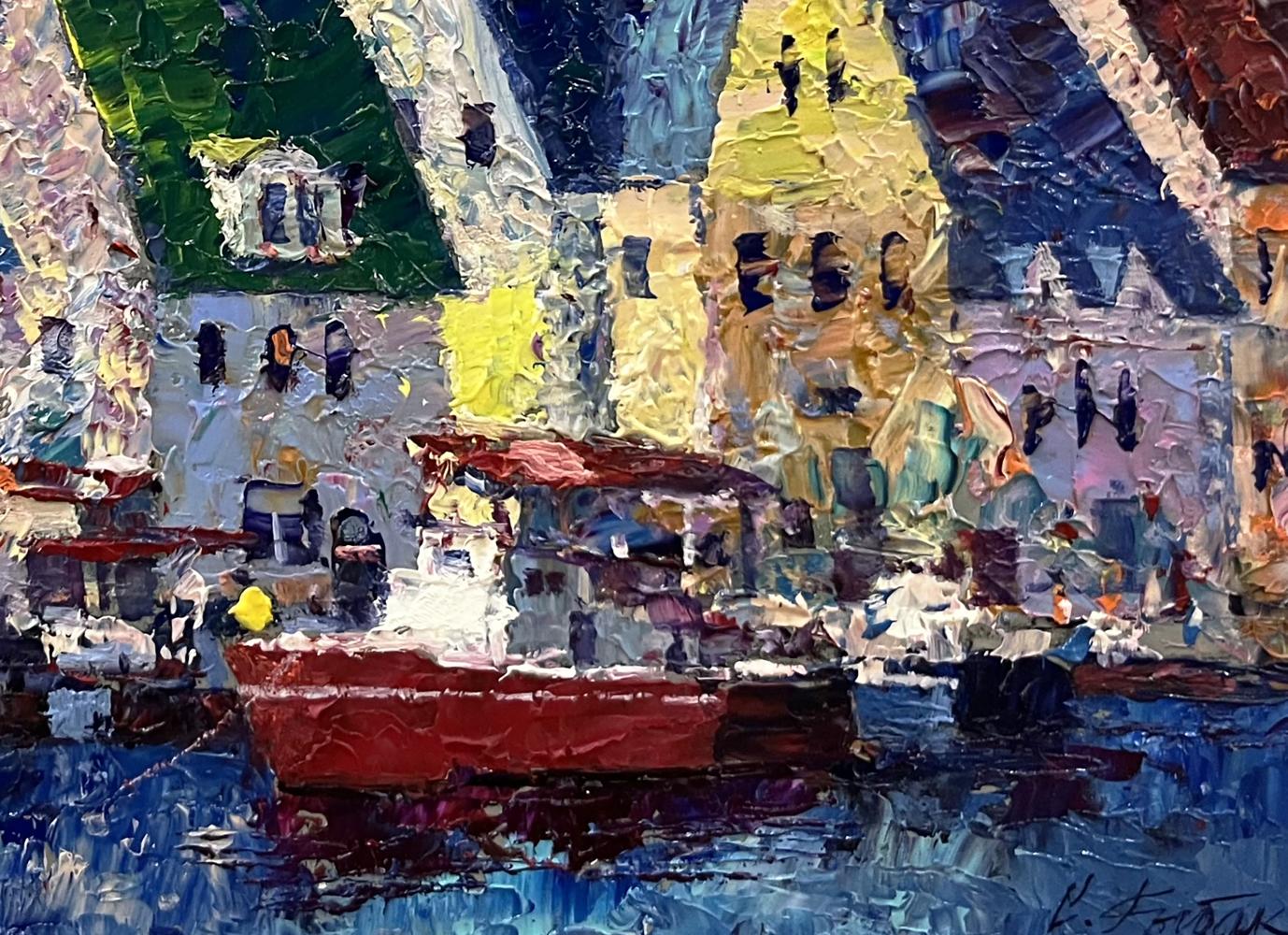 Vibrant red canopy boat in impasto oil painting of Italian coastal houses by Serhiy Rybak