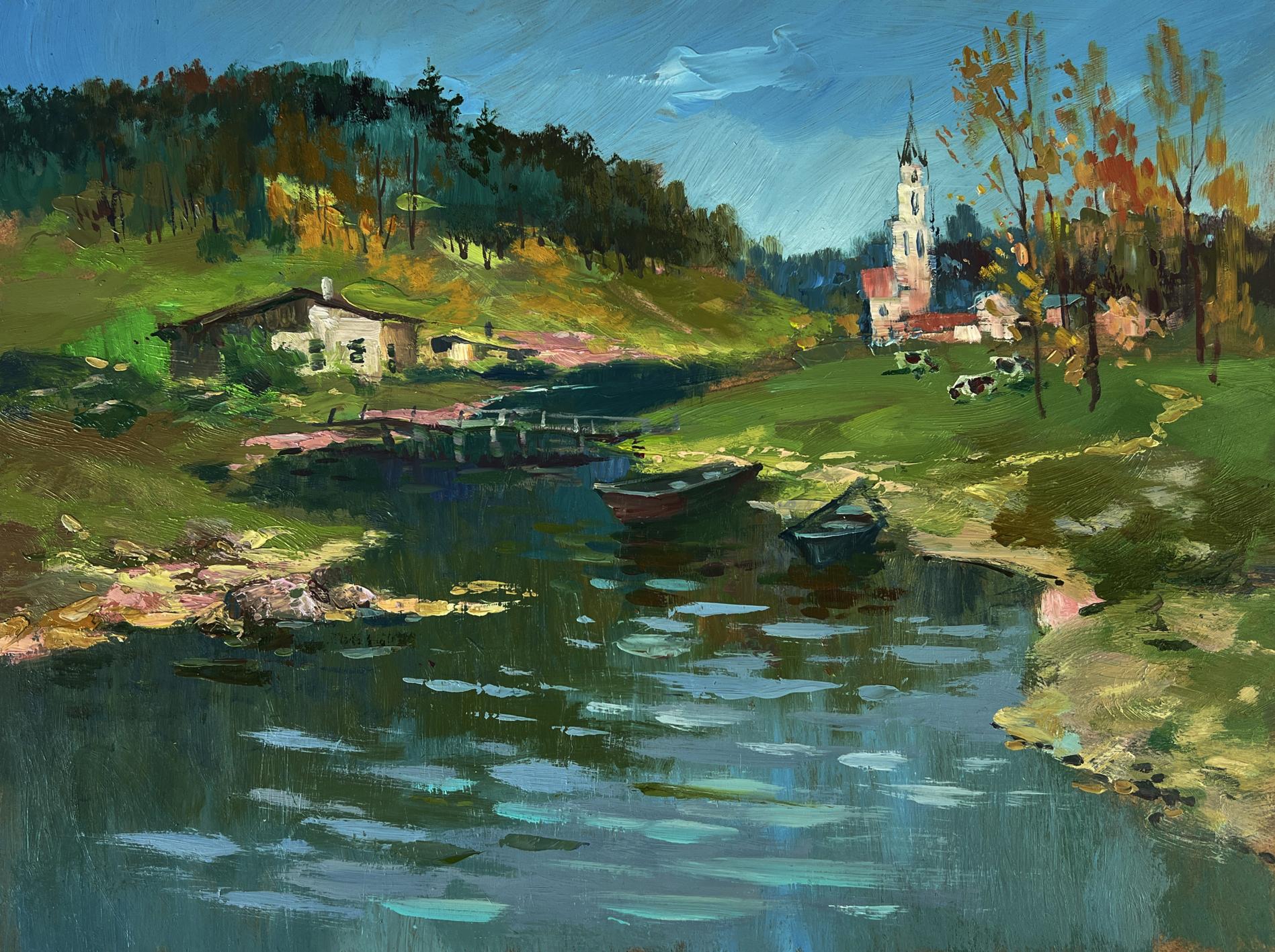 Serene oil painting of river to village by Yuriy Suprunchuk