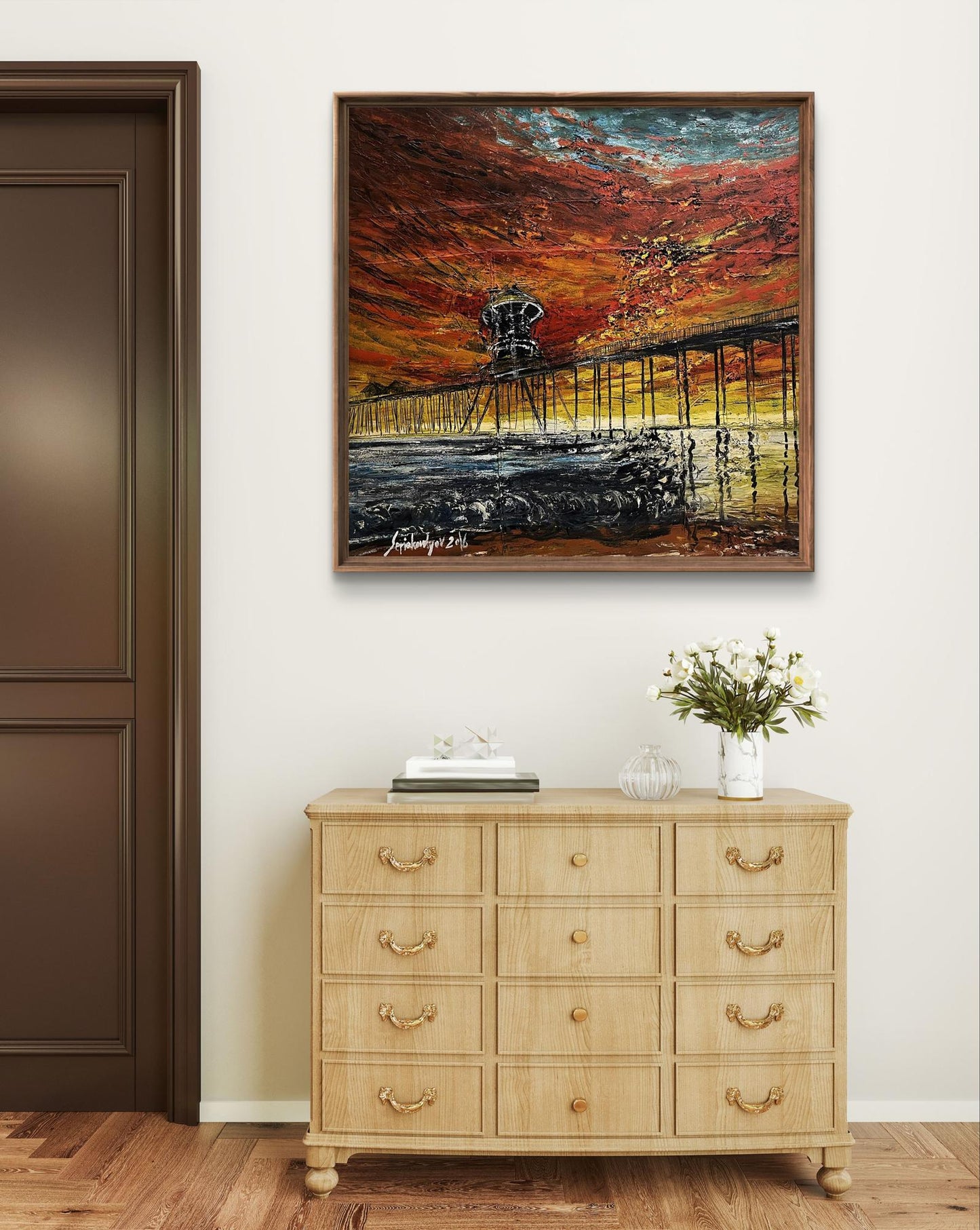 Framed oil painting of pier at sunset by Serhiy Kovalev