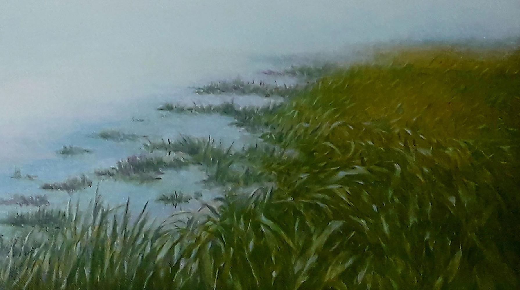 Oil painting Dawn of the River by Vasily Korkishko misty shoreline