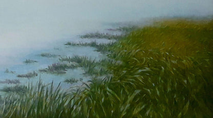 Oil painting Dawn of the River by Vasily Korkishko misty shoreline