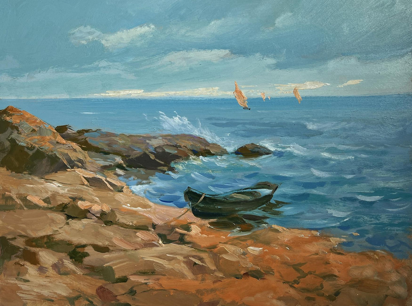 Oil painting of dark green rowboat on rocky shore by Yuriy Suprunchuk