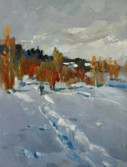 Textured impressionist oil painting Walking in the winter forest by Yuriy Suprunchuk