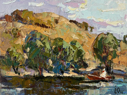 Oil painting High noon heat by Oksana Ivanyuk: red boat on calm water