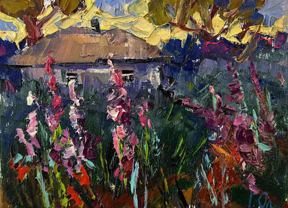 Vibrant purple pink gladiolus in Evening cold oil painting by Oleksiy Ivanyuk