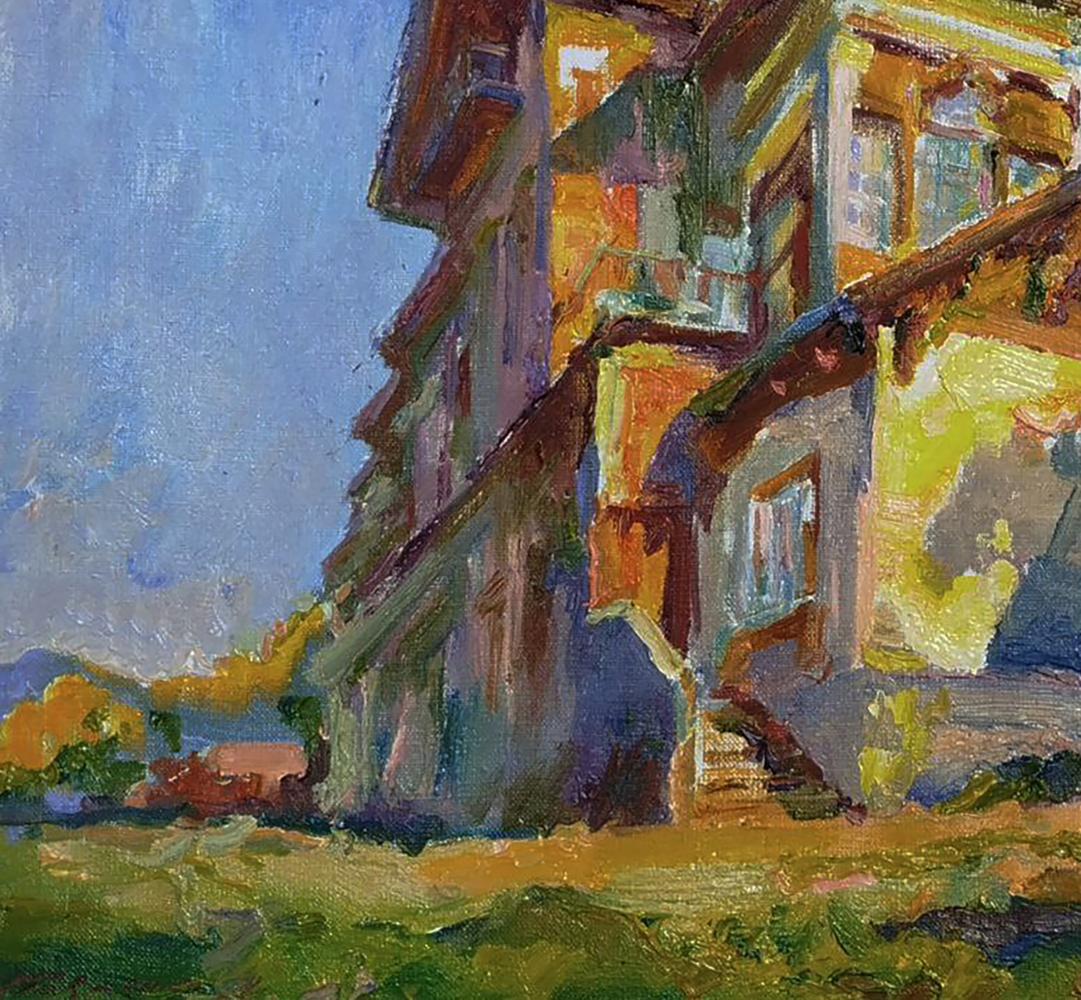 Vibrant impressionistic oil painting of east side of house by Leonid Pavlenko