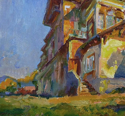 Vibrant impressionistic oil painting of east side of house by Leonid Pavlenko