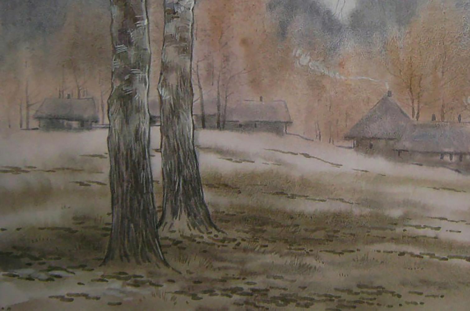 Watercolor painting of snowy village with birch trees by Valery Savenets