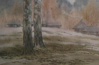 Watercolor painting of snowy village with birch trees by Valery Savenets