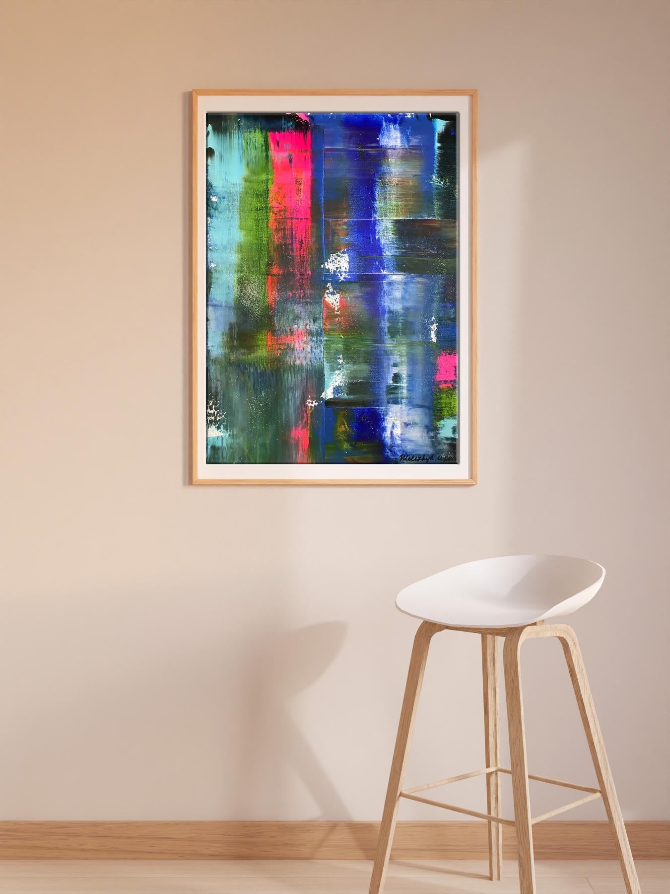 Acrylic painting Ultramarine Drive by Olga Melezhik, vibrant streaks in green, red, blue