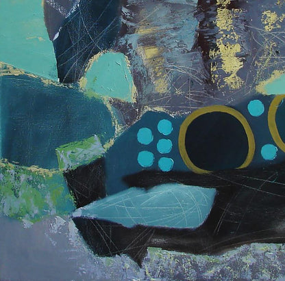 Oil painting Find your treasure in abstraction by Tatyana Shulyak, teal black gold textured abstract