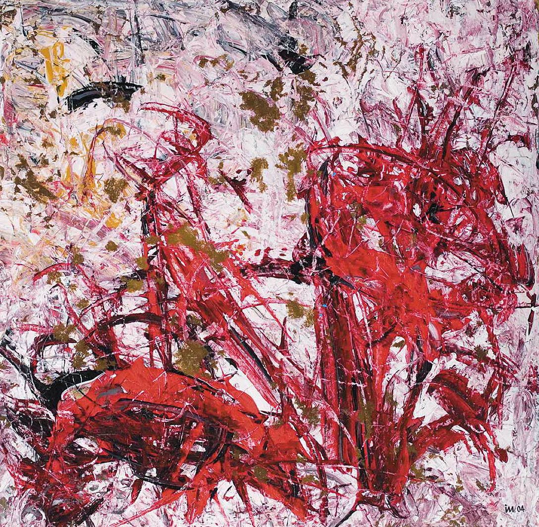Abstract expressionist painting featuring bold red, black, and white brushstrokes with splashes of gold.