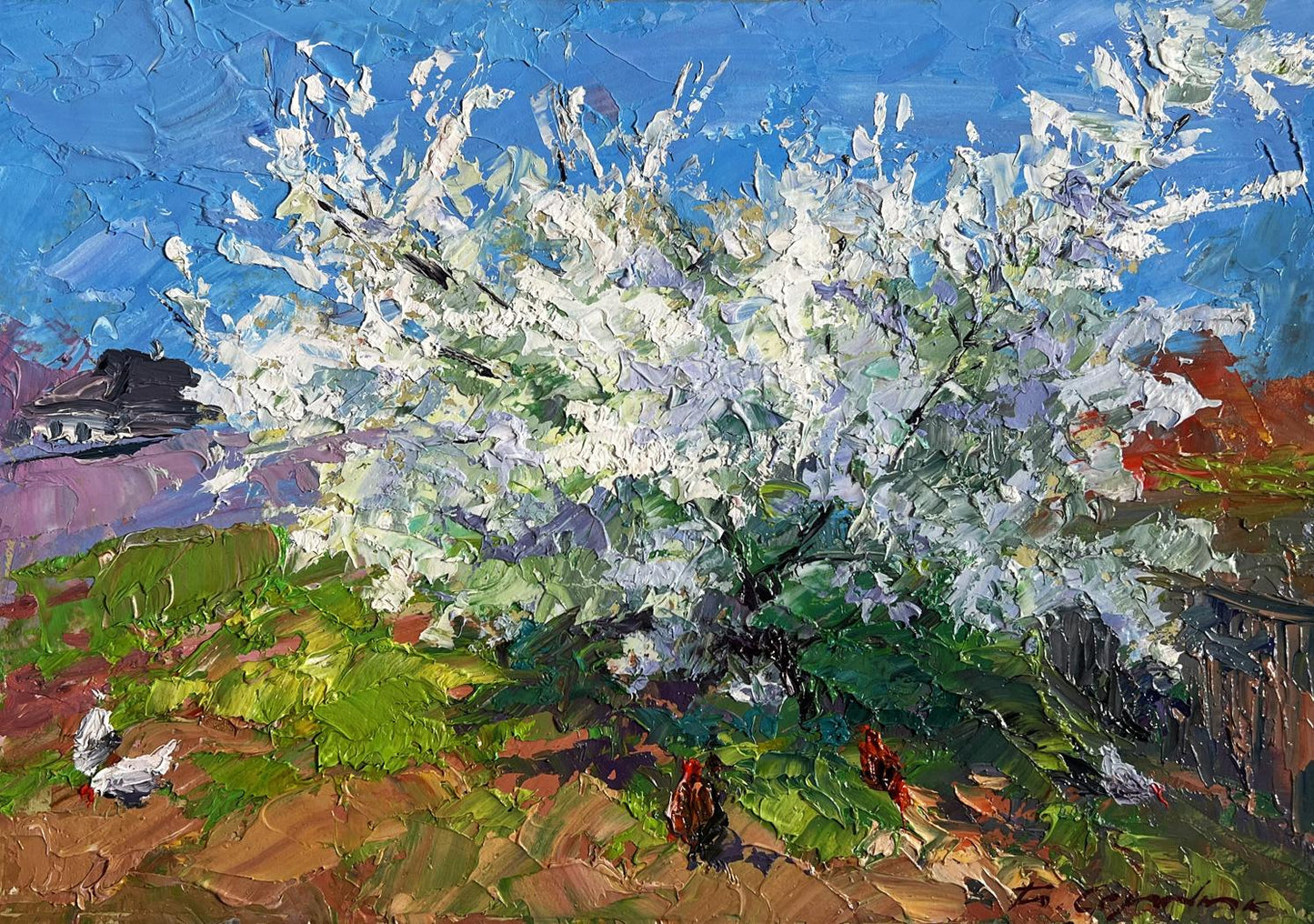 Vibrant impressionist oil painting of Boris Serdyuk flowering tree and chickens