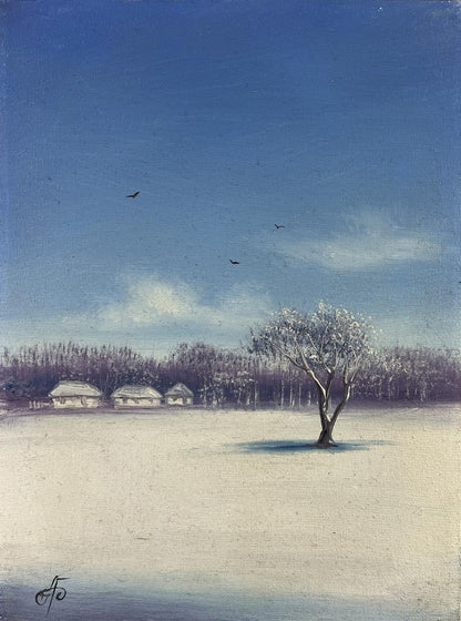 Oil painting of solitary bare tree in snowy winter dawn landscape by Andrei Bagno