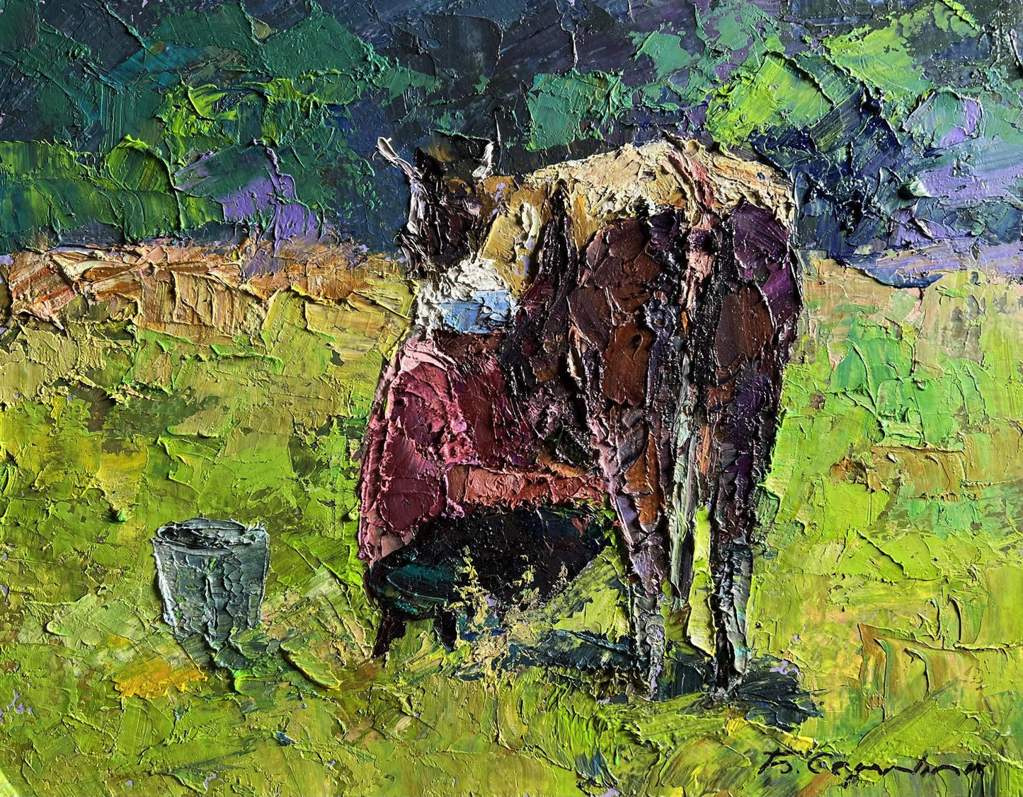 Oil painting of textured cow on green grass by Boris Serdyuk, lunch milking