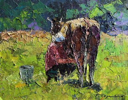 Oil painting of textured cow on green grass by Boris Serdyuk, lunch milking