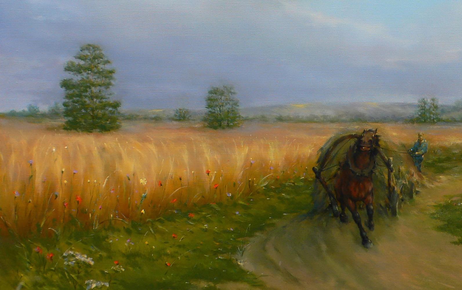 Oil painting by Vasily Korkishko: brown horse pulling cart in golden wheat field