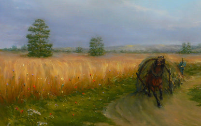 Oil painting by Vasily Korkishko: brown horse pulling cart in golden wheat field