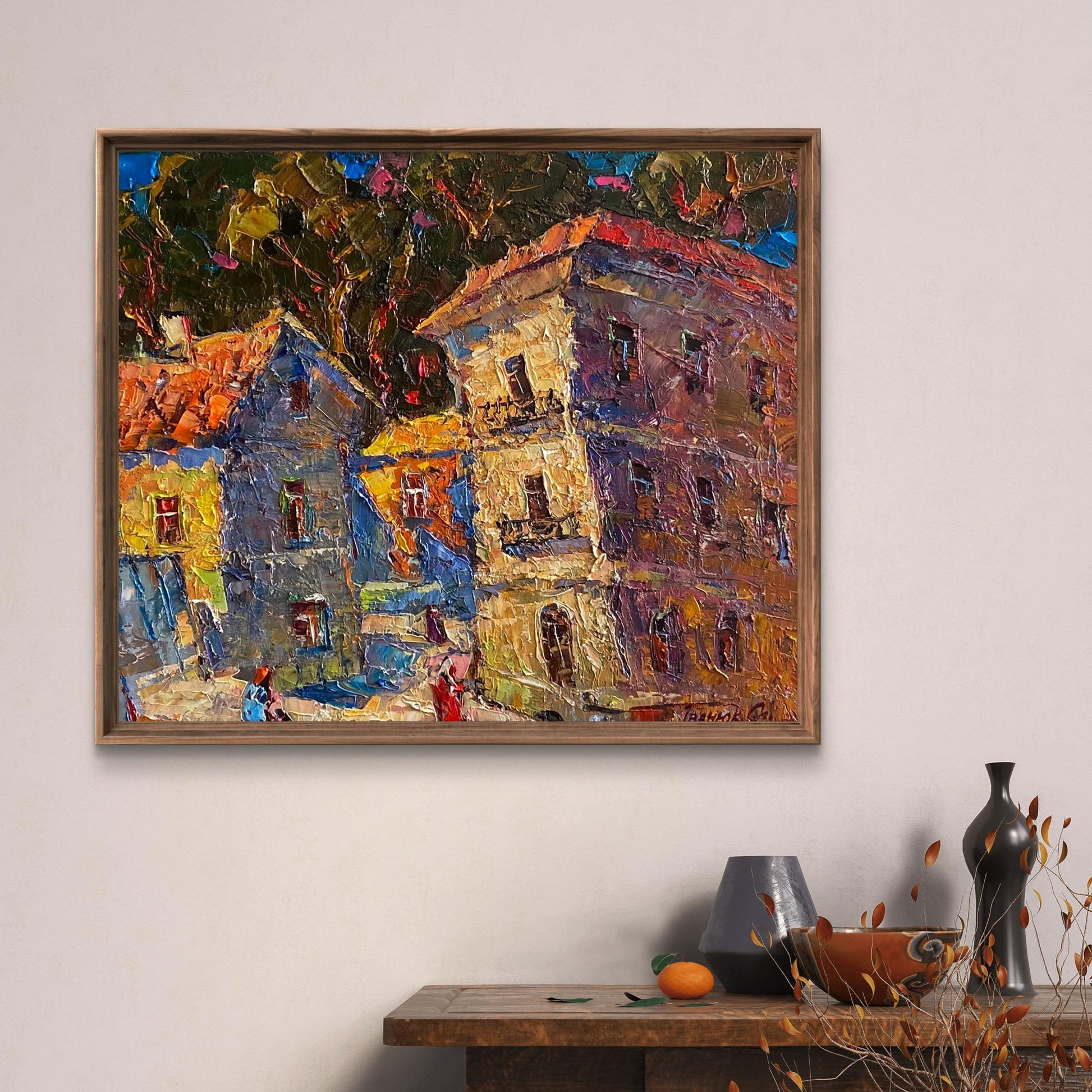 Oil painting Quiet city courtyard by Oleksiy Ivanyuk in wooden frame