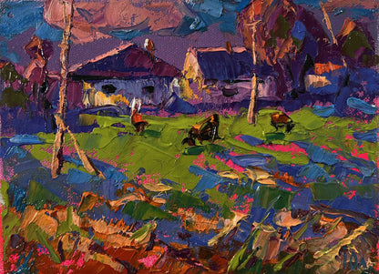 Vibrant impressionist oil painting Purple evening in the village by Oleksiy Ivanyuk