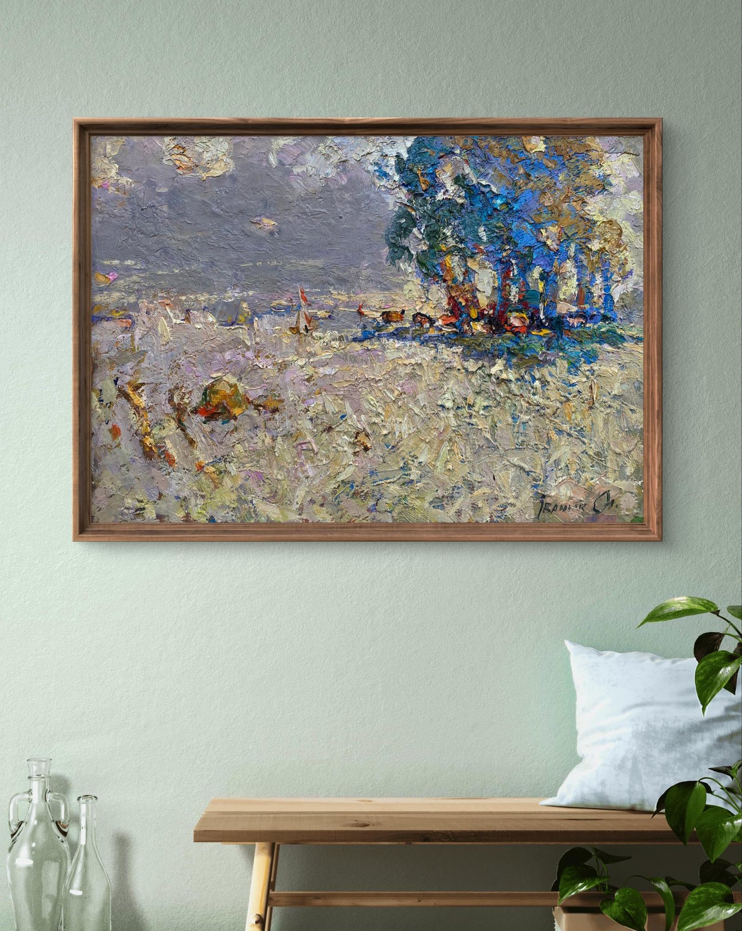 Framed Oil Painting Autumn Meadows by Oleksiy Ivanyuk with blue tree