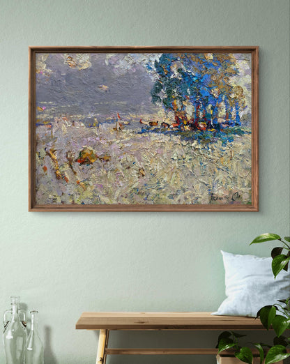 Framed Oil Painting Autumn Meadows by Oleksiy Ivanyuk with blue tree