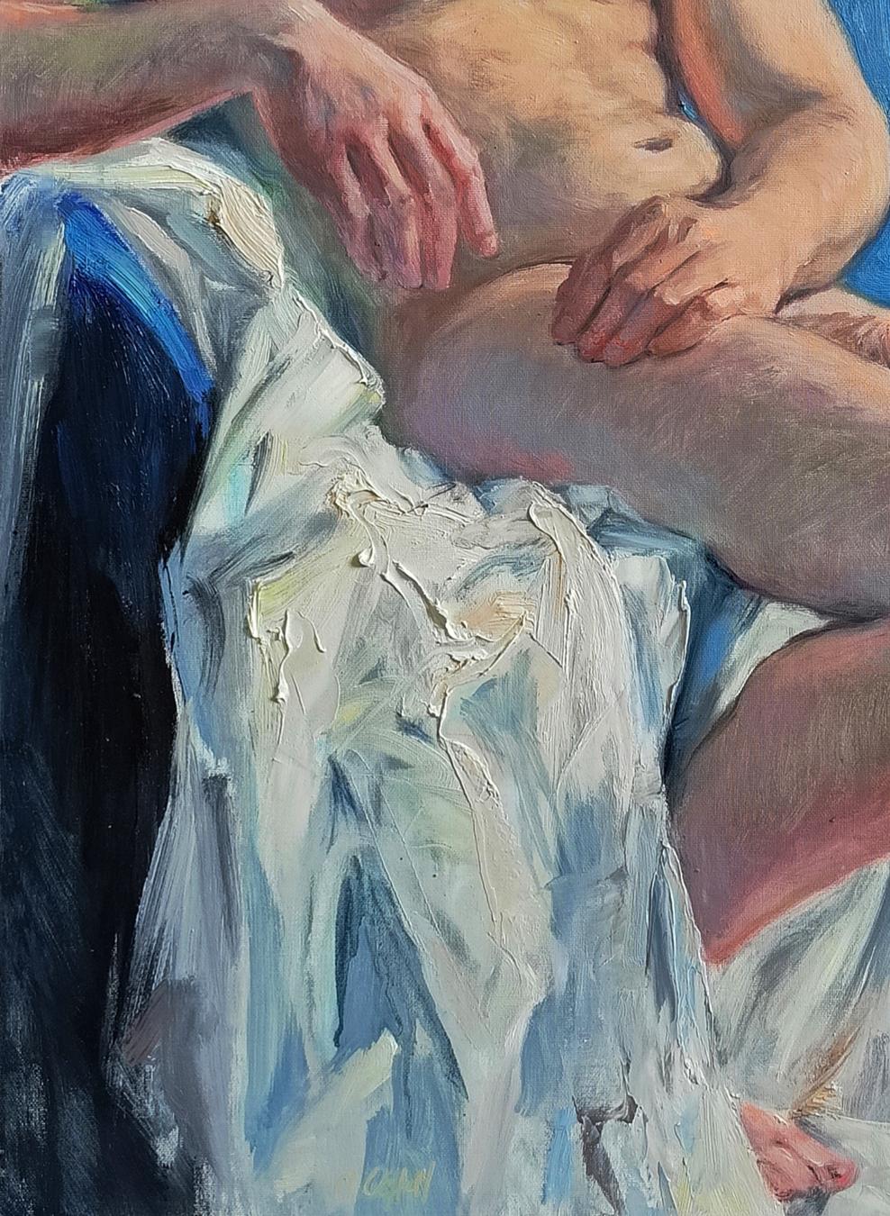 Oil painting portrait of pensive male figure by Oksana Osnach