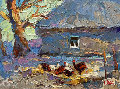 Oil painting Frost in the Yard by Oksana Ivanyuk: rustic blue house, tree, chickens