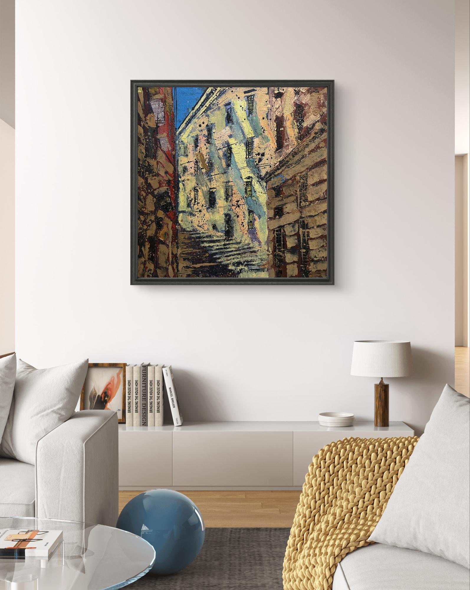 Framed oil painting Some street by Serhiy Kovalev sunlit urban alleyway