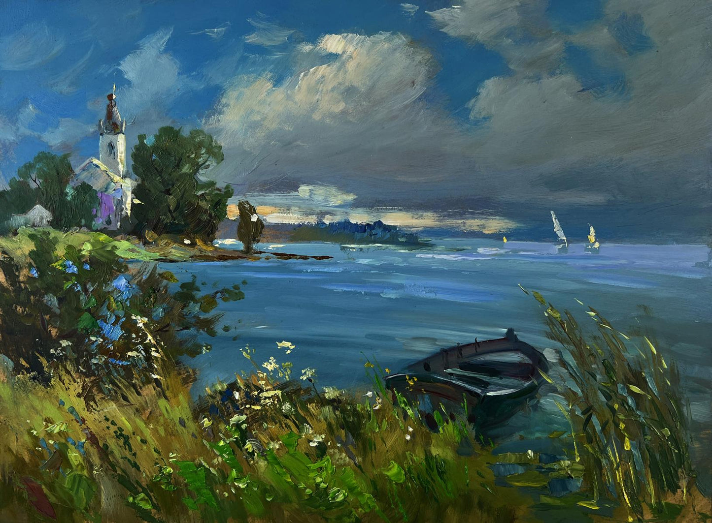 Oil painting of lonely boat on river bank by Yuriy Suprunchuk