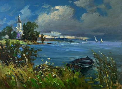 Oil painting of lonely boat on river bank by Yuriy Suprunchuk