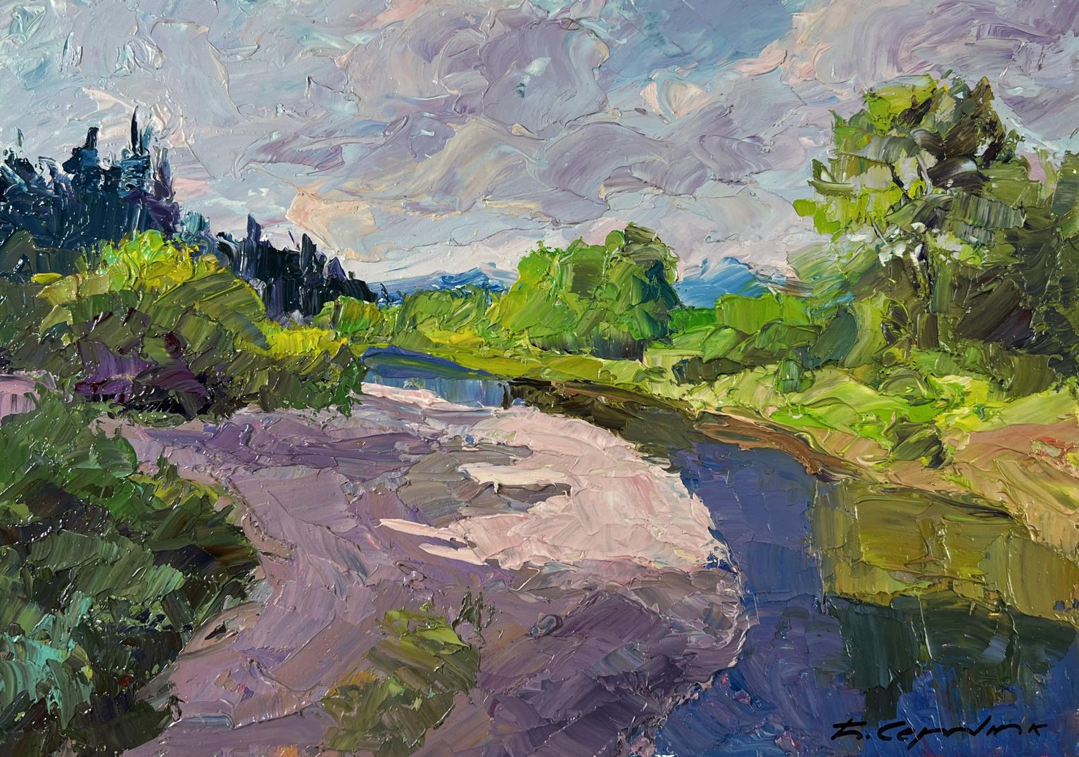 Vibrant impressionist oil painting of winding river by Boris Serdyuk, lush trees