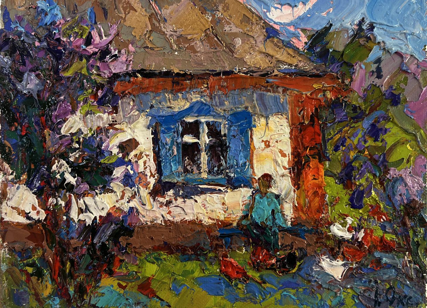 Vibrant impressionist oil painting of Oksana Ivanyuk rustic cottage in lush foliage