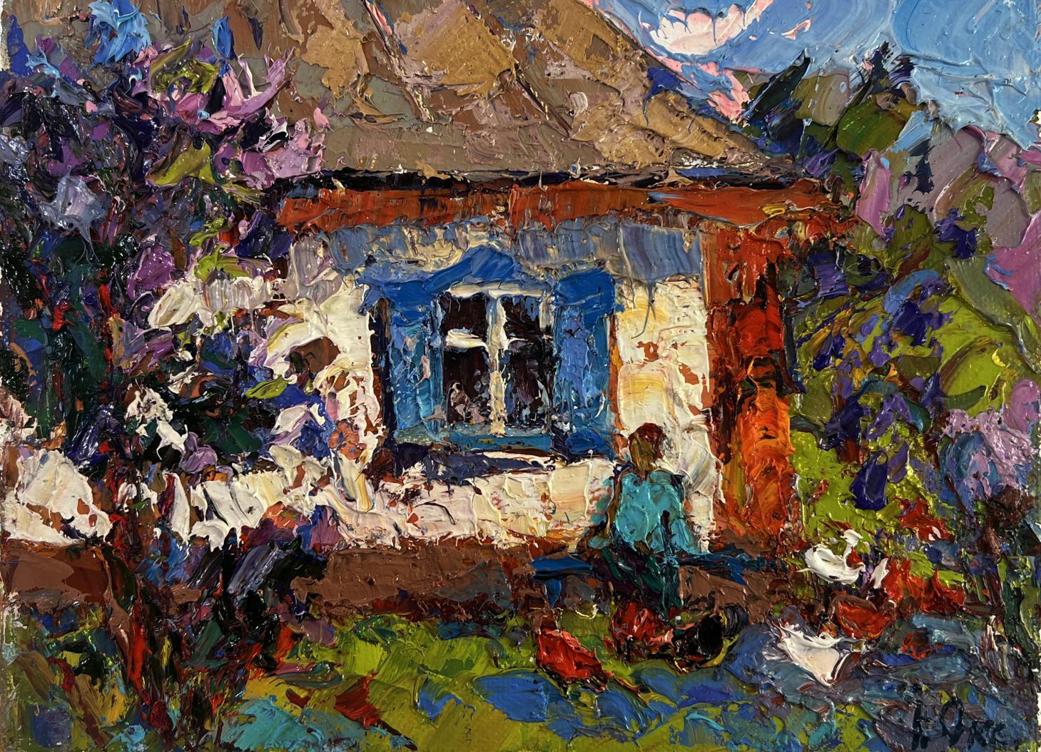 Vibrant impressionist oil painting of Oksana Ivanyuk rustic cottage in lush foliage