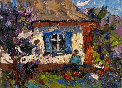 Vibrant impressionist oil painting of Oksana Ivanyuk rustic cottage in lush foliage
