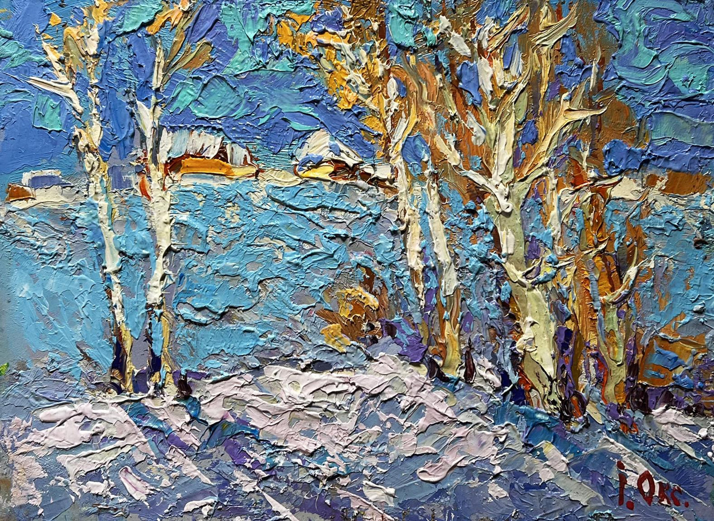 Vibrant impressionist oil painting Winter day by Oksana Ivanyuk, snowy birch trees