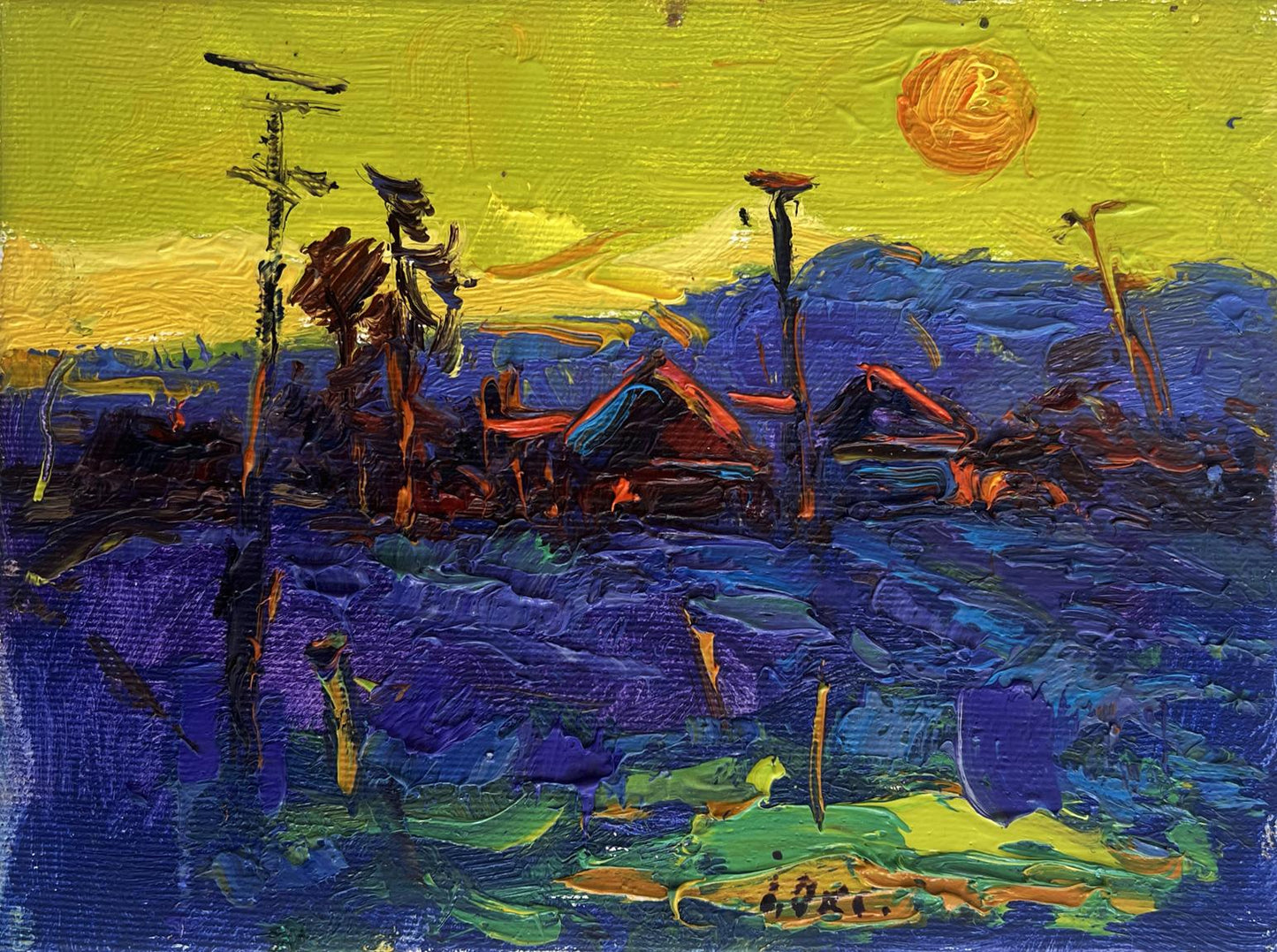 Vibrant oil painting of yellow sunset over village by Oksana Ivanyuk