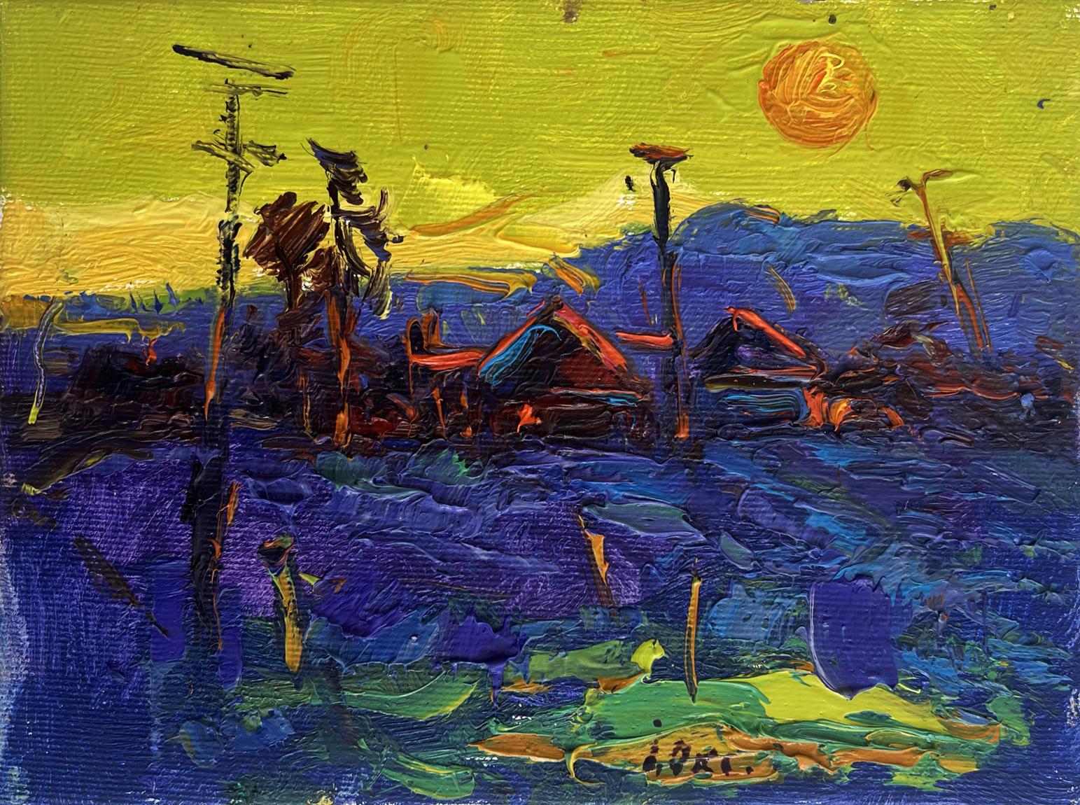 Vibrant oil painting of yellow sunset over village by Oksana Ivanyuk