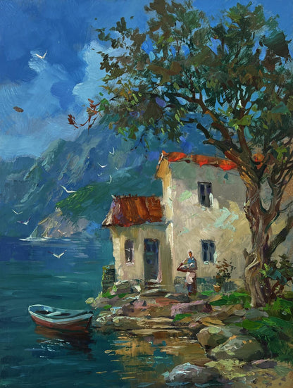 Oil painting of charming coastal cottage by Yuriy Suprunchuk