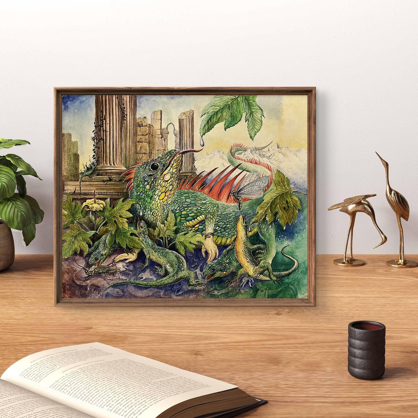 Vibrant green lizard watercolor painting by Dmytro Startsev in frame