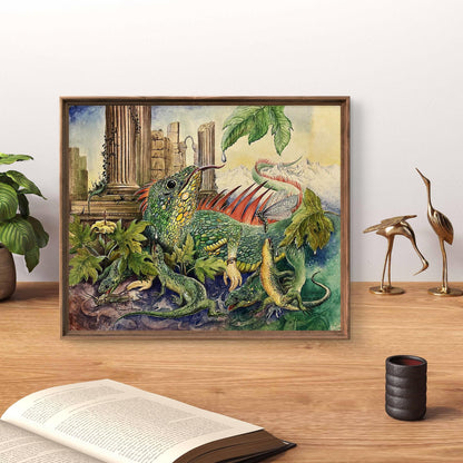 Vibrant green lizard watercolor painting by Dmytro Startsev in frame