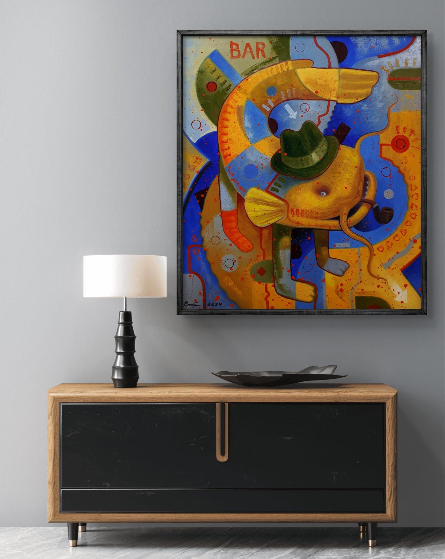 Vibrant oil painting Leaves the bar by Sergiy Voichenko: yellow fish in green hat