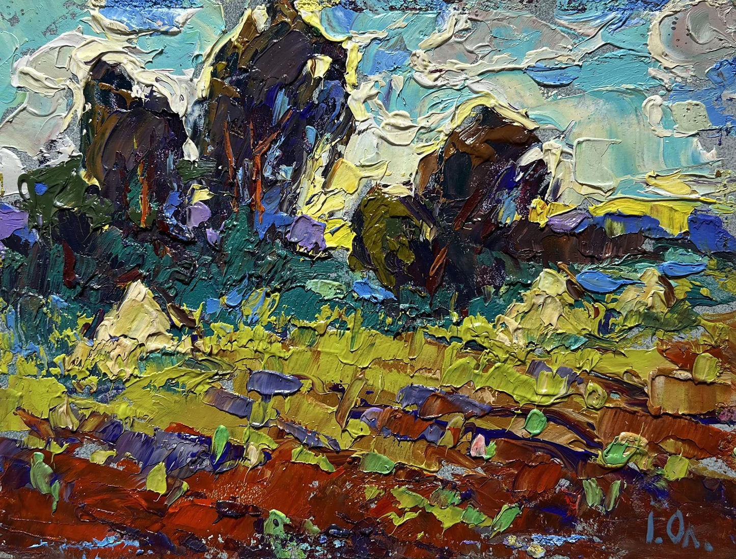 Vibrant impressionist oil painting of plowed field and haystacks by Oleksiy Ivanyuk
