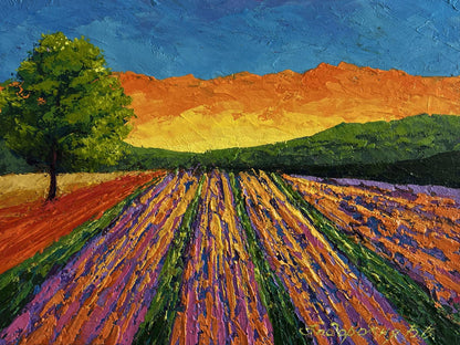 Vibrant oil painting of plowed fields, lavender at sunset by V. Zadorozhnya